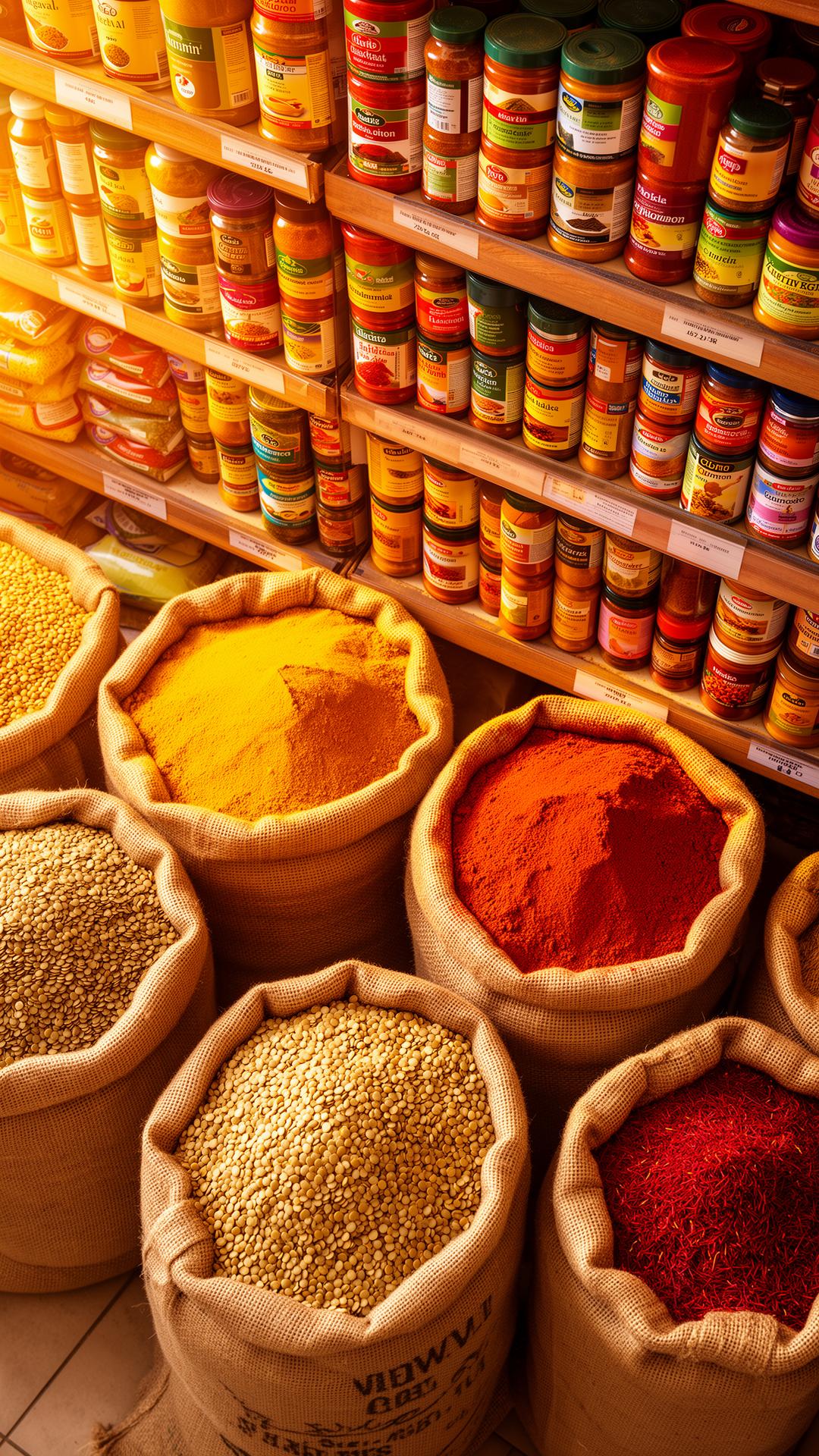 Colorful spices and grains at Akota Grocery