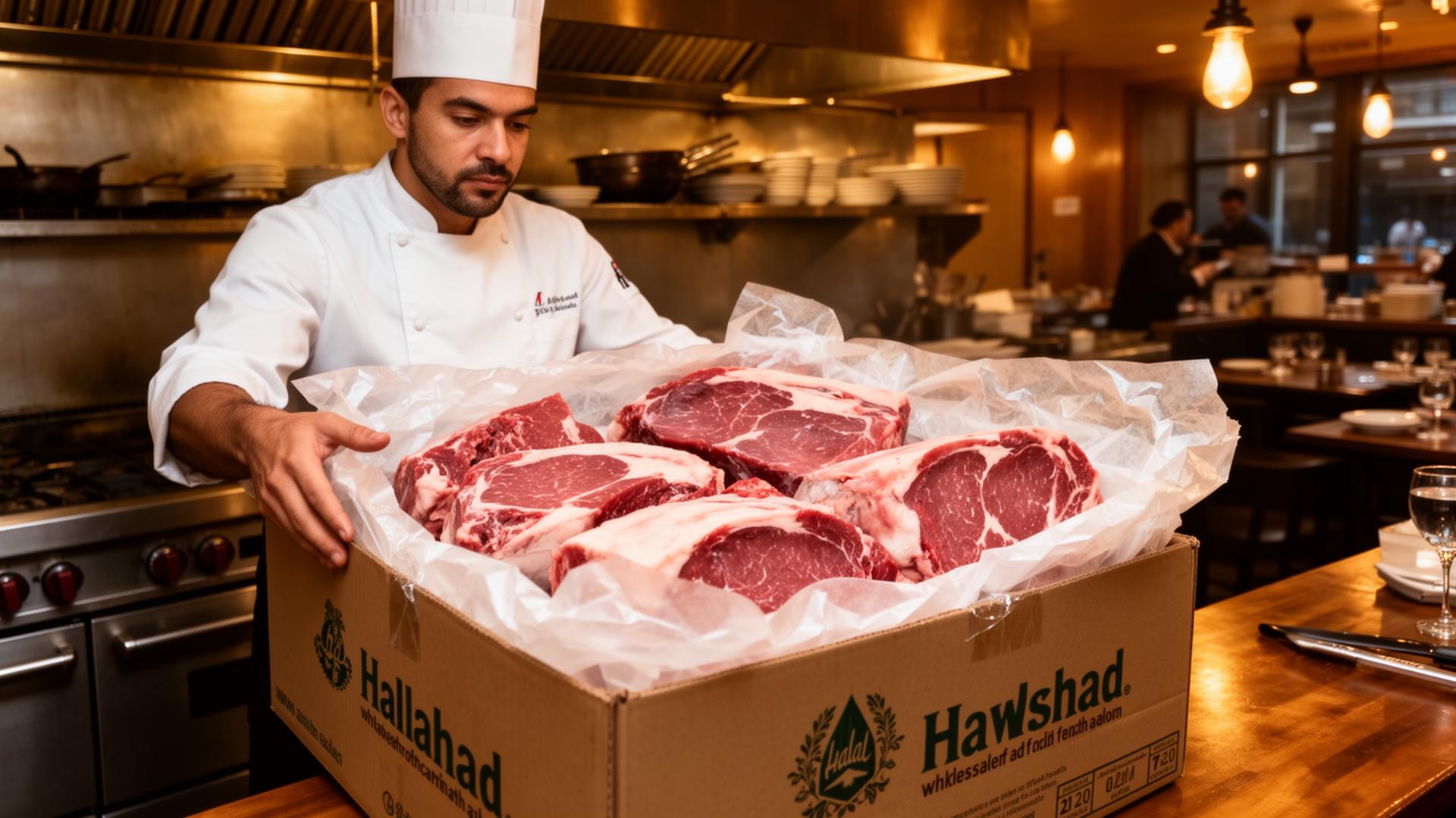 Restaurant chef receiving wholesale halal meat delivery